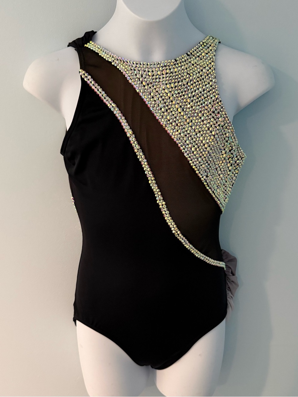 XS Black Dance Leotard: Rhinestone Mesh, Gradient Sash, Hairpiece